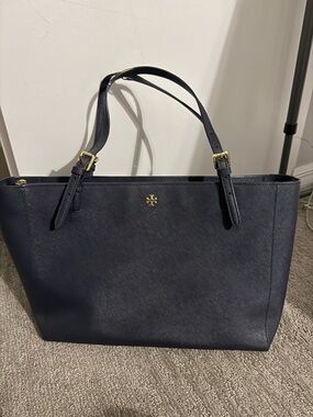Tory Burch Saffiano Leather Tote in Navy with Gold Hardware